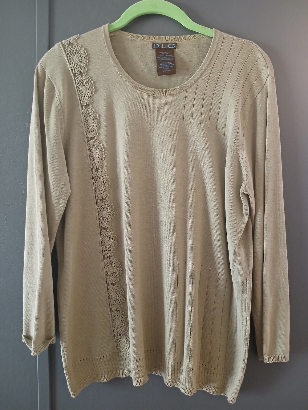 Vntg DLG Sweater, Crocheted Panel, Long Sleeves, Olive Color,  Silk Blend, M